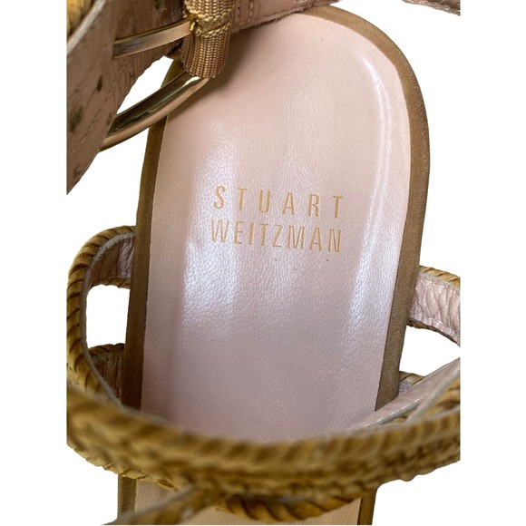 Stuart Weitzman Reins Wedge Sandal Size 9 Tan Camel Strappy Heel Straw Weave - Picture 15 of 16